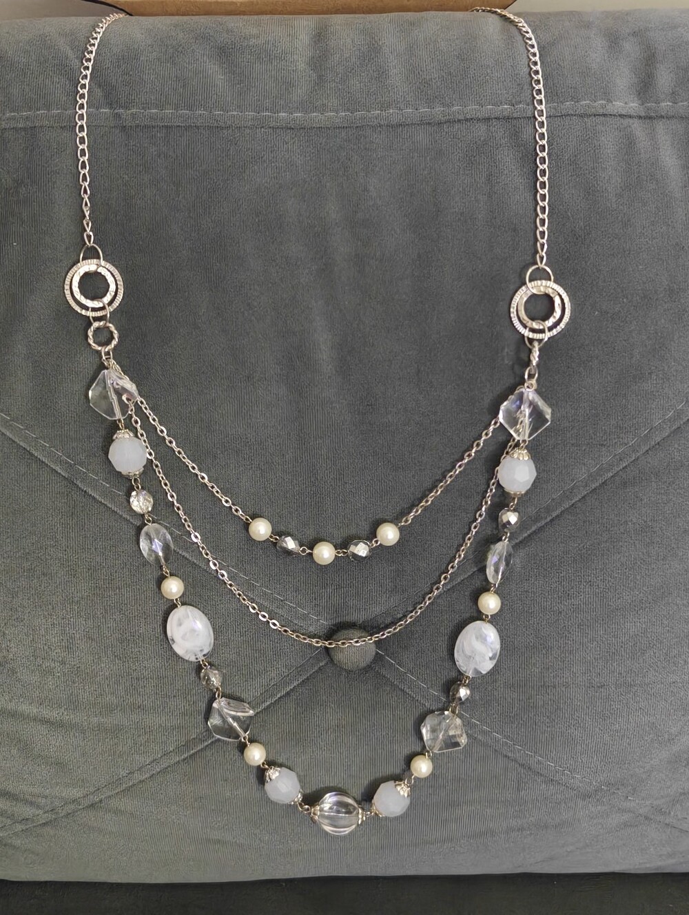 Silver Multi Strand Layered Statement Necklace Glass Beads Faux Pearls Tiered